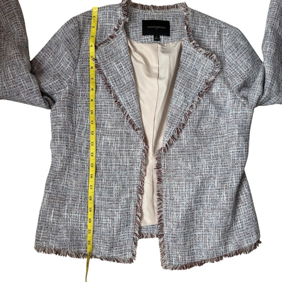 Banana Republic Tweed Blazer Jacket Blue‎ Multi Fringe Trim Open Front Career - Picture 5 of 8